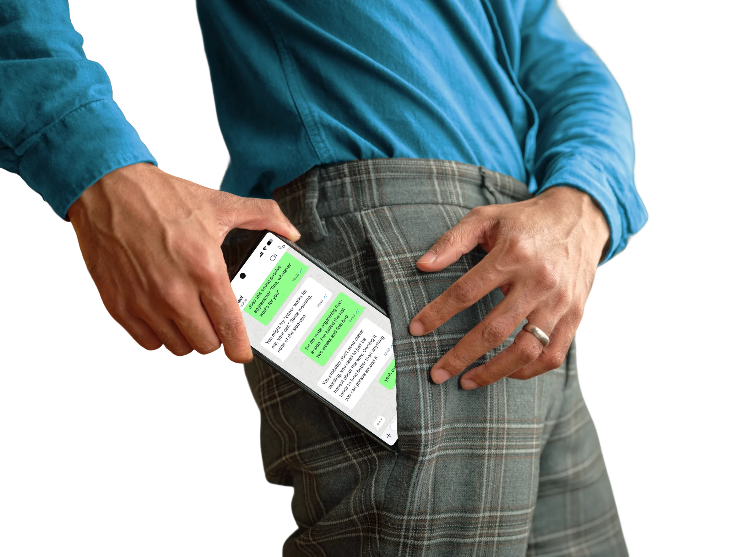 A man slipping a phone with a Keel chat open into his pocket